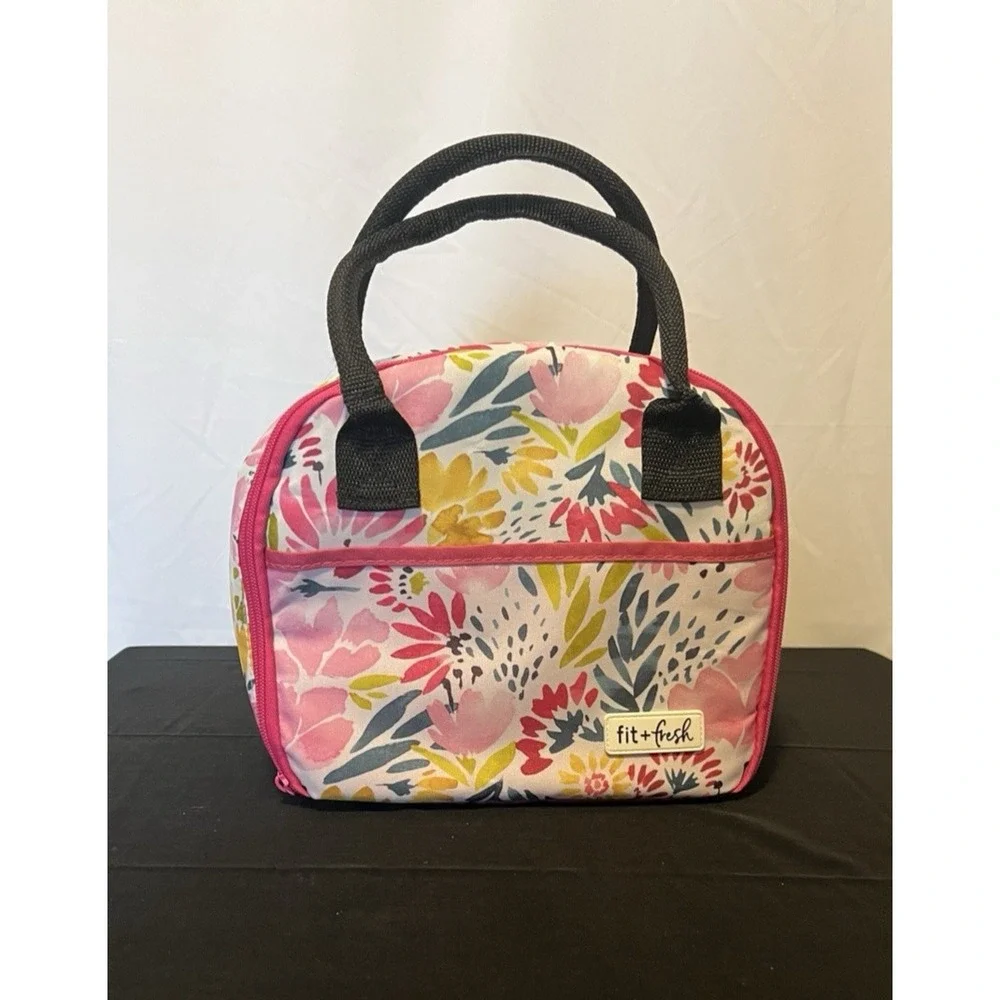 fit + fresh Insulated Lunch Bag Multicolor Pink Zip Close Outside Inside Pocket‎